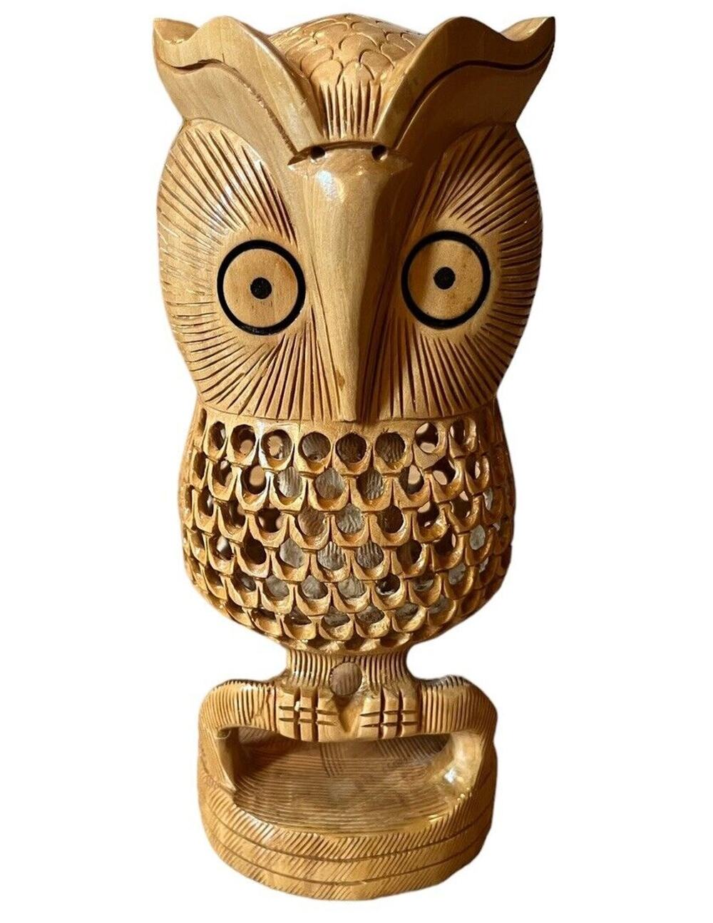 Owl Wood Wooden Carved Statue With Hollow Spot In Belly Blonde